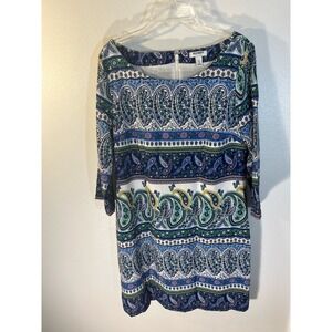 Old‎ Navy Womens Blue Green Paisley Shift Dress 3/4 Sleeve Boho Coastal Preppy